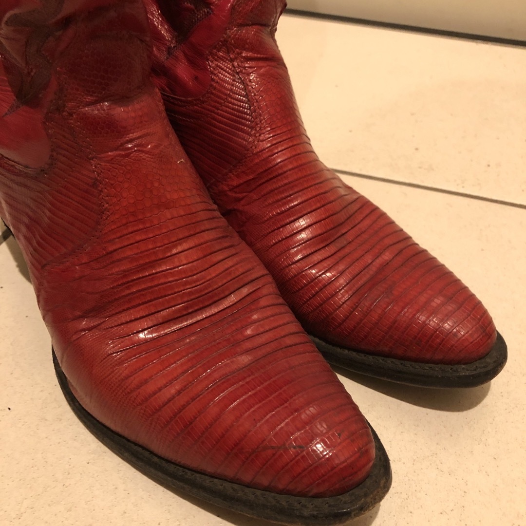 ウエスタンブーツ　リザード　トカゲ　ジャスティン　赤 レディースの靴/シューズ(ブーツ)の商品写真