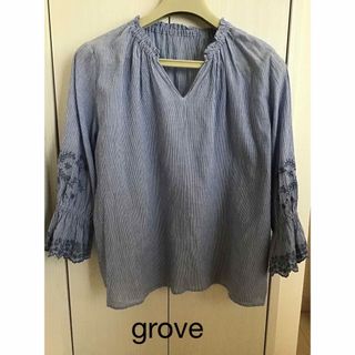 grove - grove ストライプ　カットソー　花柄　刺繍　七分袖