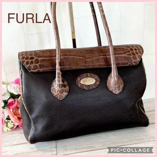 フルラ(Furla)の【 大人気 】 FURLA フルラ トートバッグ クロコ型押し 黒 茶 美品(トートバッグ)