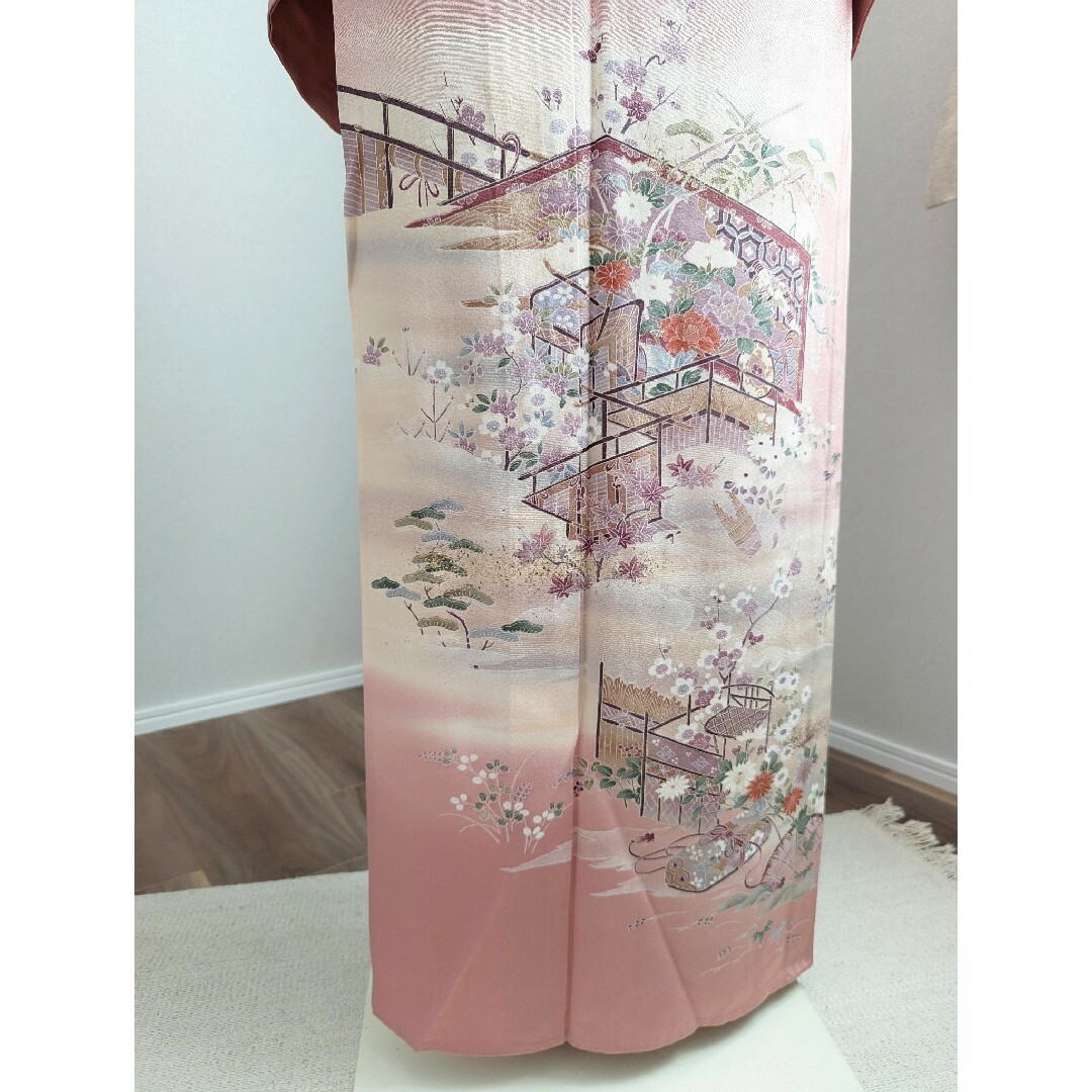 【単衣】訪問着 身丈154裄64.5 正絹 ローズピンク 金彩 レディースの水着/浴衣(着物)の商品写真