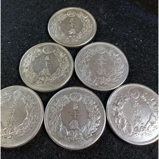 銀貨　旭日50銭銀貨　silver　希少明治　大正銀貨６枚 銀貨総重量 約60g(金属工芸)