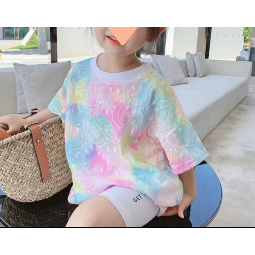 Tシャツ キッズ 110cm レインボー パープル トップス ニコちゃん 韓国風 キッズ/ベビー/マタニティのキッズ服女の子用(90cm~)(Tシャツ/カットソー)の商品写真