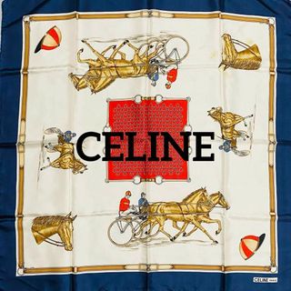 ★CELINE★ スカーフ 大判 マカダム 競馬 ベルト 帽子 ネイビー タグ無