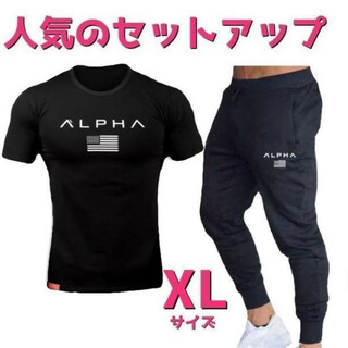 Tシャツ×スウェットジョガーパンツ　セットアップメンズジムウェアXLサイズ黒×黒(Tシャツ/カットソー(半袖/袖なし))