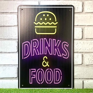 【650番】DRINKS&FOOD ハンバーガー　アメリカンダイナー　ブリキ看板(その他)