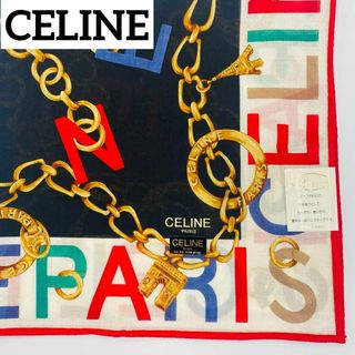 セリーヌ(celine)の★CELINE★ ハンカチ 大判 チェーン 凱旋門 アルファベット 綿 レッド(ハンカチ)