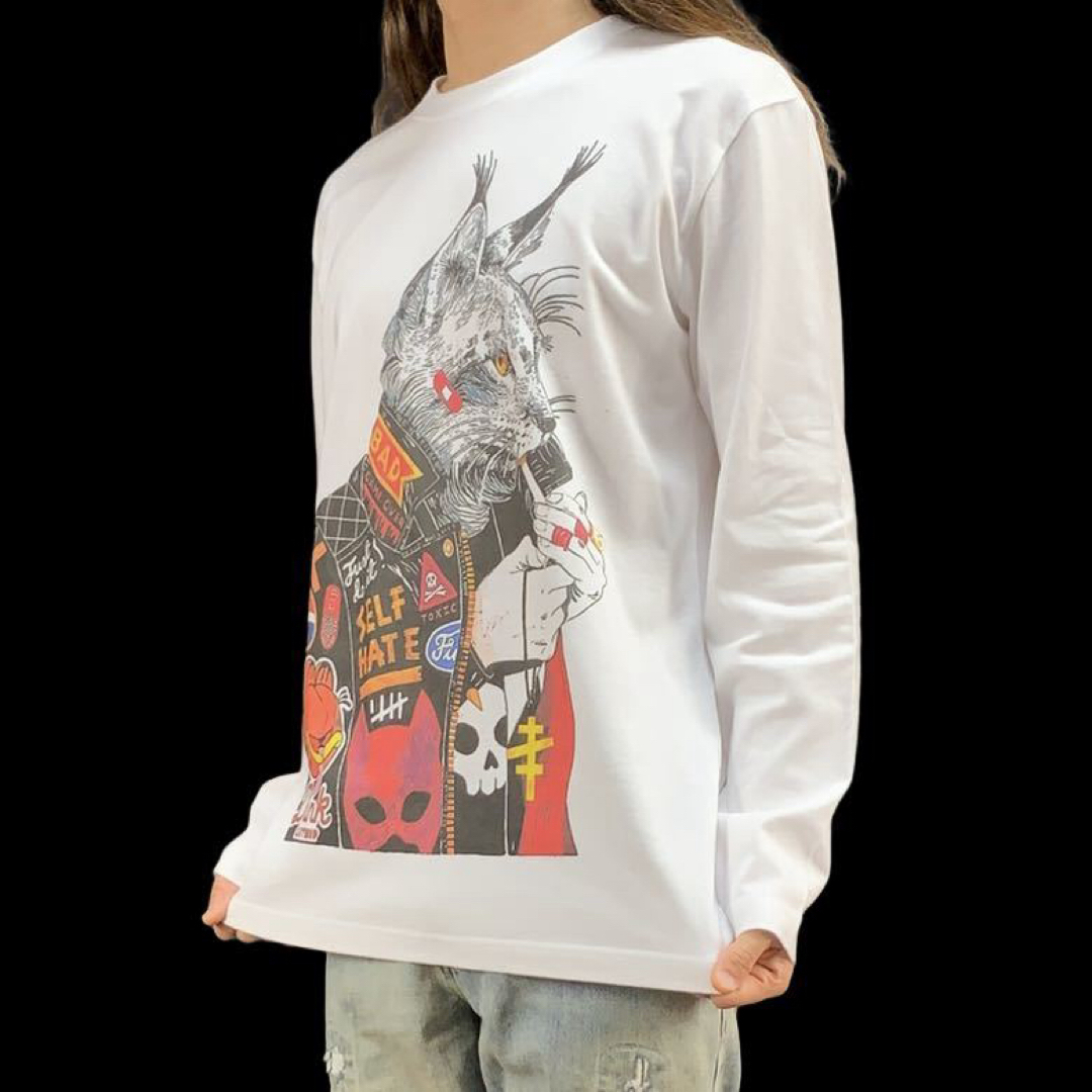 新品 ビッグ プリント パンク ライダース ドクロ ねこ 山猫 ロンT メンズのトップス(Tシャツ/カットソー(七分/長袖))の商品写真