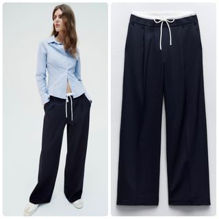 ザラ(ZARA)のZARA WIDE-LEGパンツダブルウエストバンド ワイドパンツ XS(カジュアルパンツ)