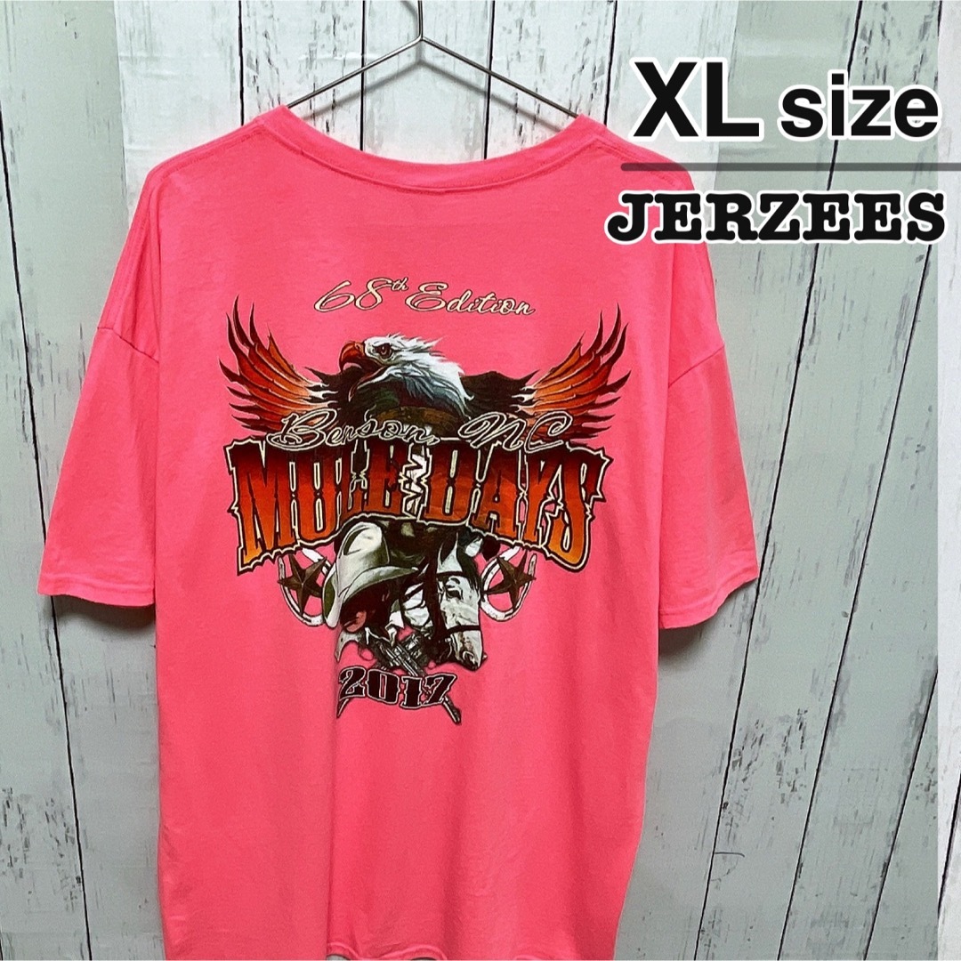 JERZEES(ジャージーズ)のJERZEES　Tシャツ　XL　ピンク　イーグル　アニマル柄　ロゴ　USA古着 メンズのトップス(Tシャツ/カットソー(半袖/袖なし))の商品写真