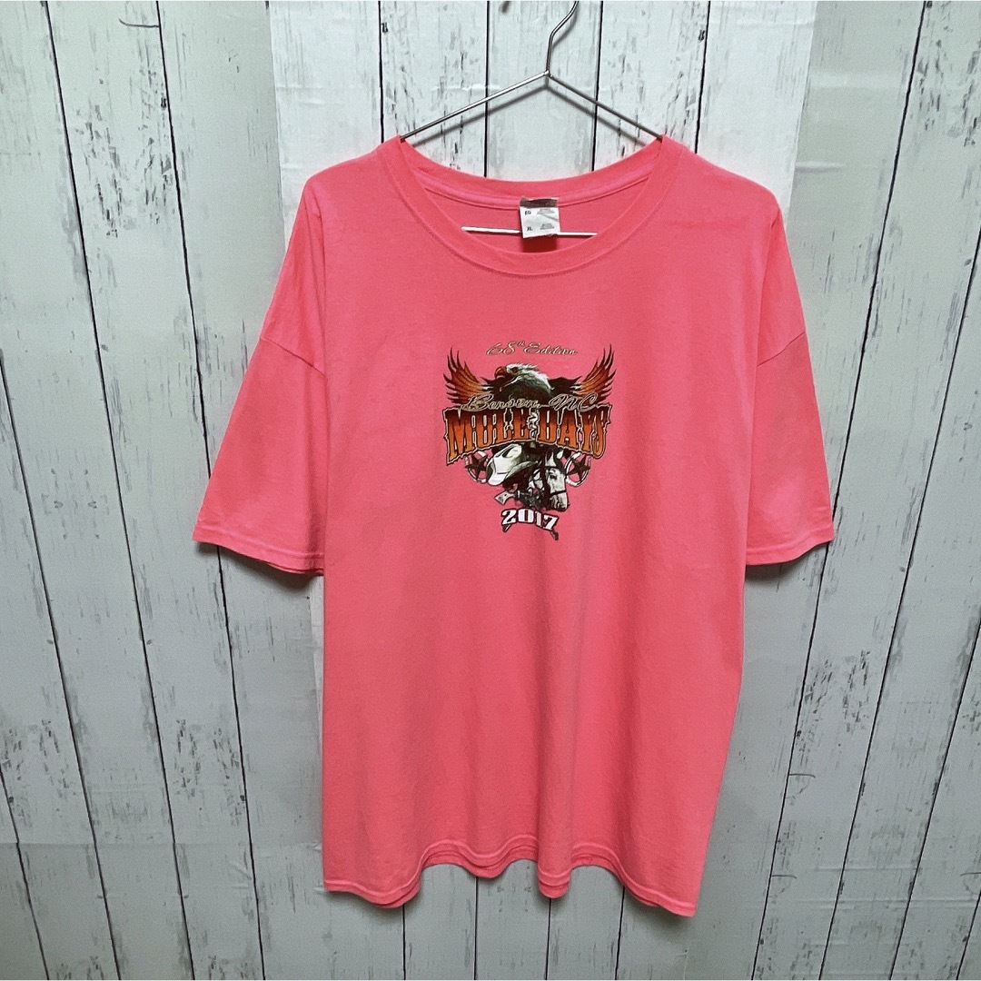 JERZEES(ジャージーズ)のJERZEES　Tシャツ　XL　ピンク　イーグル　アニマル柄　ロゴ　USA古着 メンズのトップス(Tシャツ/カットソー(半袖/袖なし))の商品写真