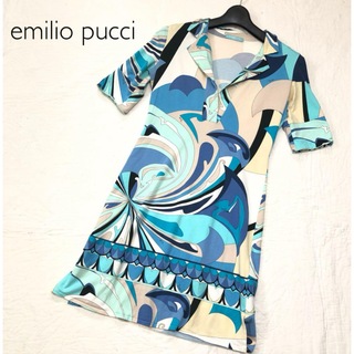 エミリオプッチ(EMILIO PUCCI)のemilio pucci/マーブル♡襟付きTワンピース/38/blue(ミニワンピース)