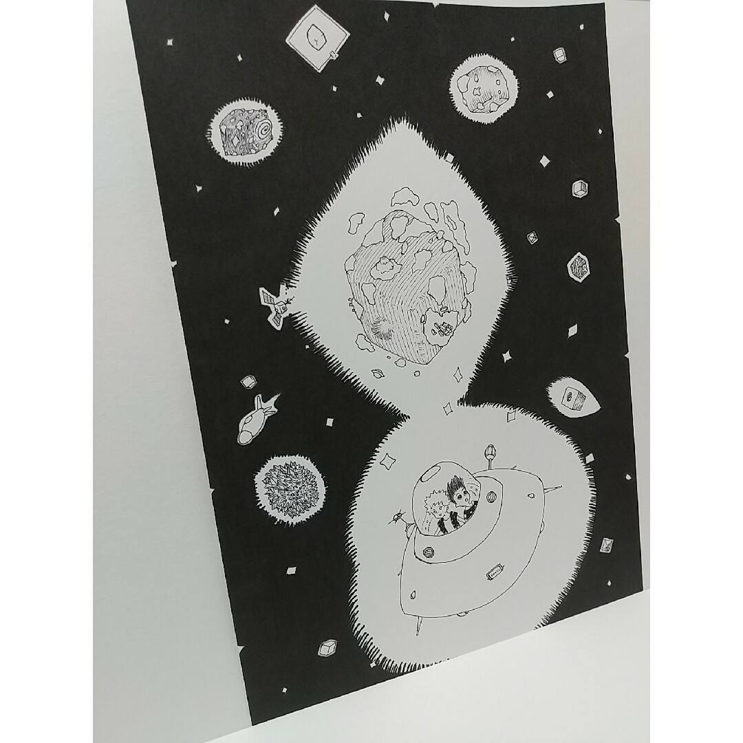 オリジナルイラスト 手描きイラスト 四角星 宇宙 ハンドメイド 絵 原画 UFO ハンドメイドのインテリア/家具(アート/写真)の商品写真