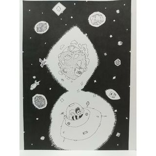 オリジナルイラスト 手描きイラスト 四角星 宇宙 ハンドメイド 絵 原画 UFO(アート/写真)