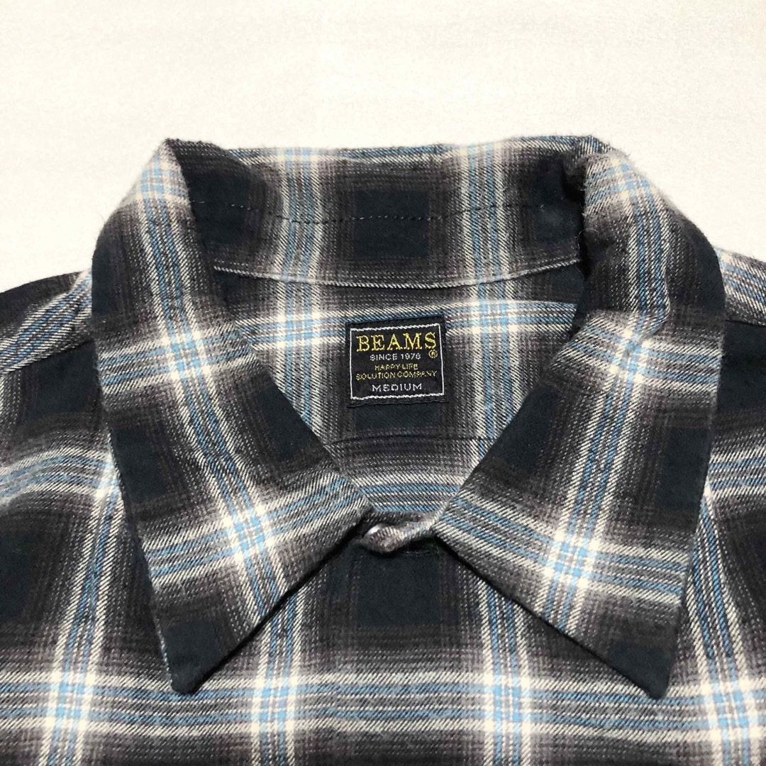 BEAMS(ビームス)の【美品】BEAMS ビームス チェックシャツ オープンカラー M 起毛生地 黒青 メンズのトップス(シャツ)の商品写真