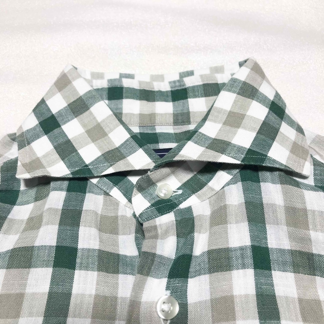 BEAMS F(ビームスエフ)の【極美品】BEAMS Fビームス ホリゾンタルカラーシャツ XSイタリア製 緑白 メンズのトップス(シャツ)の商品写真