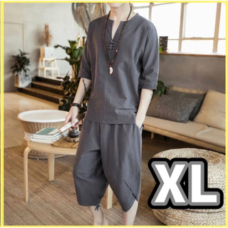 【XL】甚平風 七分袖 綿麻 上下セットアップ サイズ多 部屋着 祭 浴衣(その他)