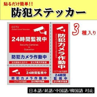 防犯ステッカー 3種セット レッド 防犯カメラ 監視 防犯シール 4ヶ国語(防犯カメラ)