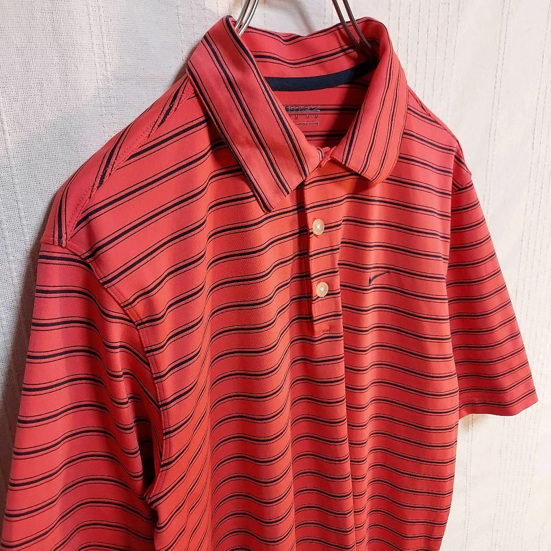 NIKE(ナイキ)のナイキゴルフ　FITDRY　ボーダー　ポロシャツ　ロゴ　刺繍　レッド　古着 メンズのトップス(ポロシャツ)の商品写真