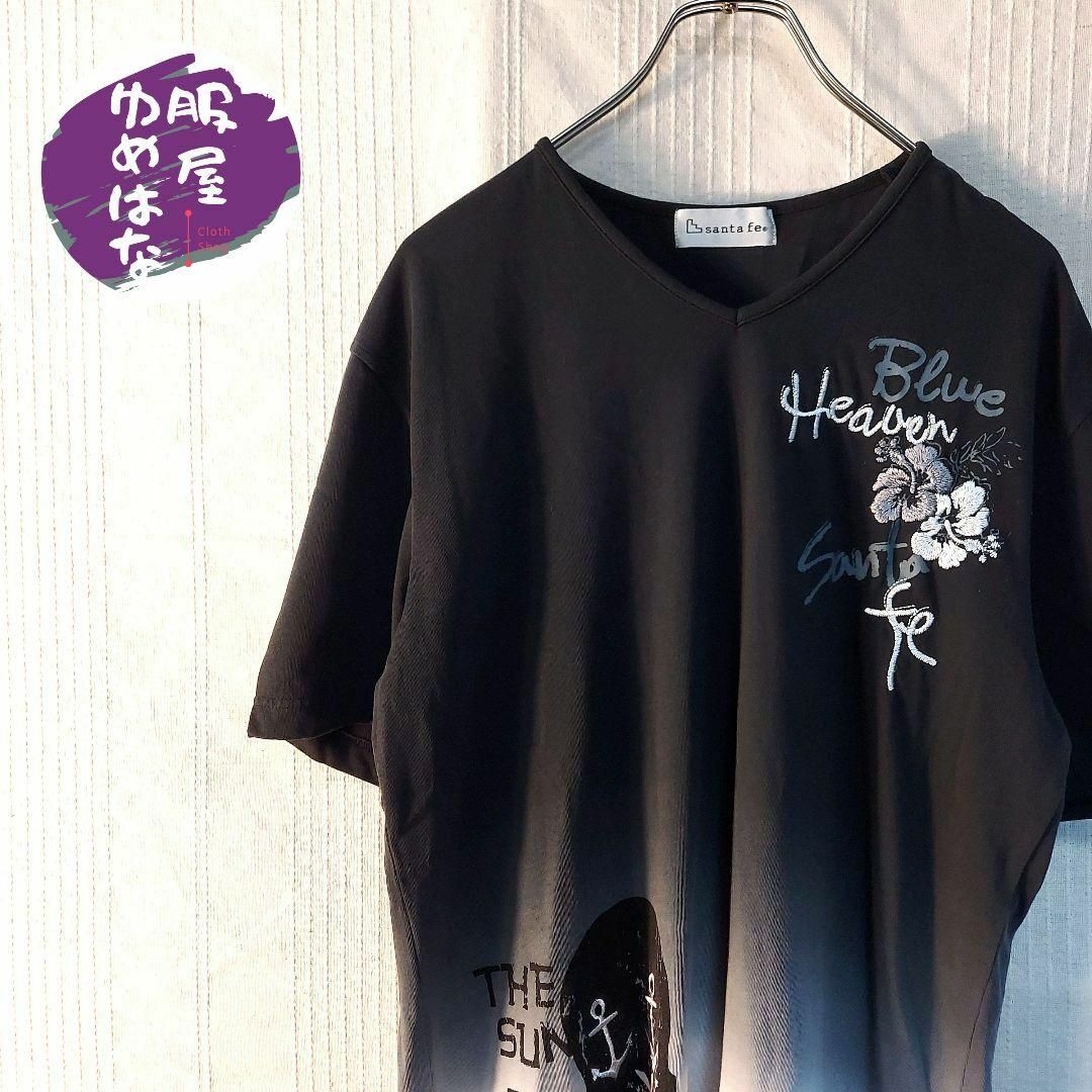 Santafe(サンタフェ)のサンタフェ　Tシャツ　スカル　刺繍　ロゴ　L　バイカラー　黒　古着 メンズのトップス(Tシャツ/カットソー(半袖/袖なし))の商品写真