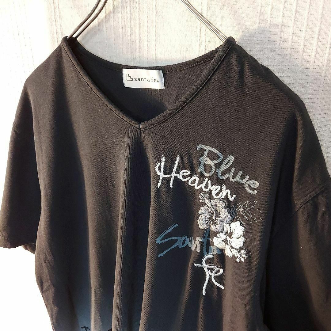 Santafe(サンタフェ)のサンタフェ　Tシャツ　スカル　刺繍　ロゴ　L　バイカラー　黒　古着 メンズのトップス(Tシャツ/カットソー(半袖/袖なし))の商品写真