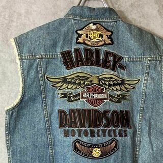 ハーレーダビッドソン(Harley Davidson)の【背面ビッグ刺繍ロゴ◎】ハーレーダビッドソン古着デニムベスト90s バイクM(ベスト)