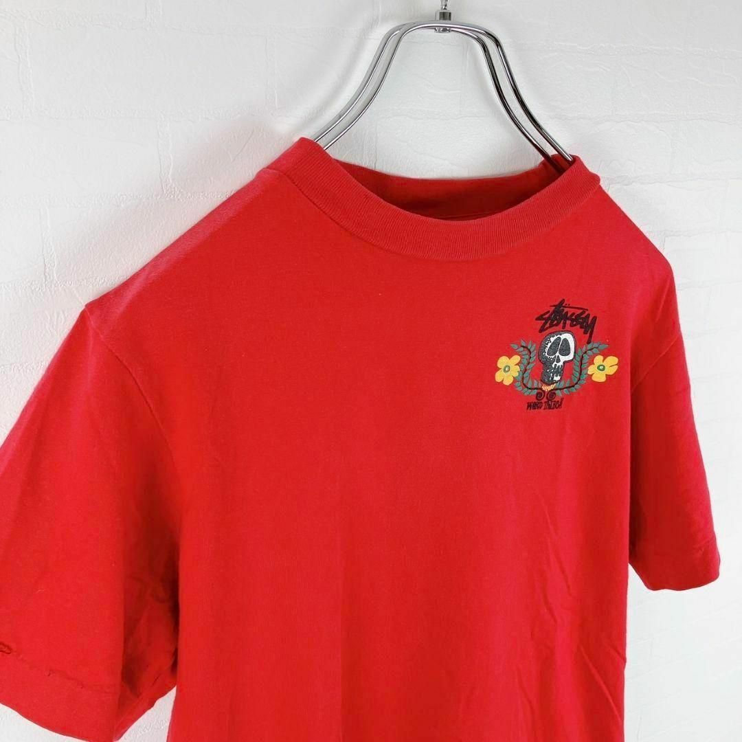 STUSSY(ステューシー)の【希少】STUSSY スカルフラワー 80S シングルステッチ 黒タグ レッド メンズのトップス(Tシャツ/カットソー(半袖/袖なし))の商品写真