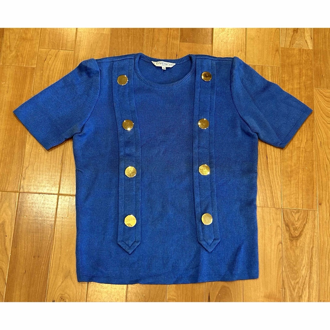 GIVENCHY(ジバンシィ)のGIVENCHY　ジバンシー　サーマルニット　半袖ニット　ブルー　金釦　M レディースのトップス(ニット/セーター)の商品写真