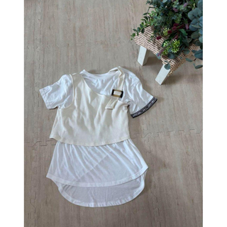 Tシャツ カットソー ホワイト 半袖　トップス　子供服　重ね着　ジレ　150(Tシャツ/カットソー)