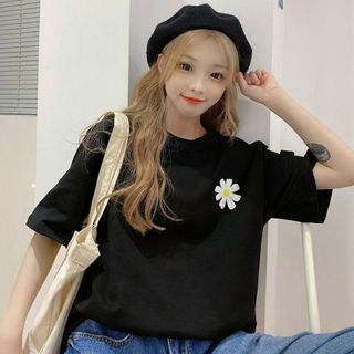 ユニセックス デイジー柄 Tシャツ バックプリント 花柄 半袖 韓国(Tシャツ(半袖/袖なし))