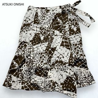 美品＊ATSUKI ONISHI ラップデザイン 巻きスカート 総柄 リボン(ひざ丈スカート)