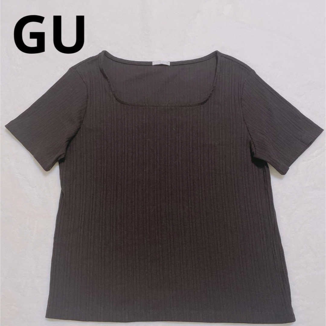 GU(ジーユー)のGUスクエアネック コットンリブトップス XL (LL) ブラウン 半袖 レディースのトップス(Tシャツ(半袖/袖なし))の商品写真