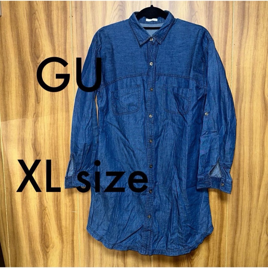GU(ジーユー)のGU ロングシャツ デニム 青 XL 長袖 チュニック ロールアップ 古着 美品 レディースのトップス(シャツ/ブラウス(長袖/七分))の商品写真