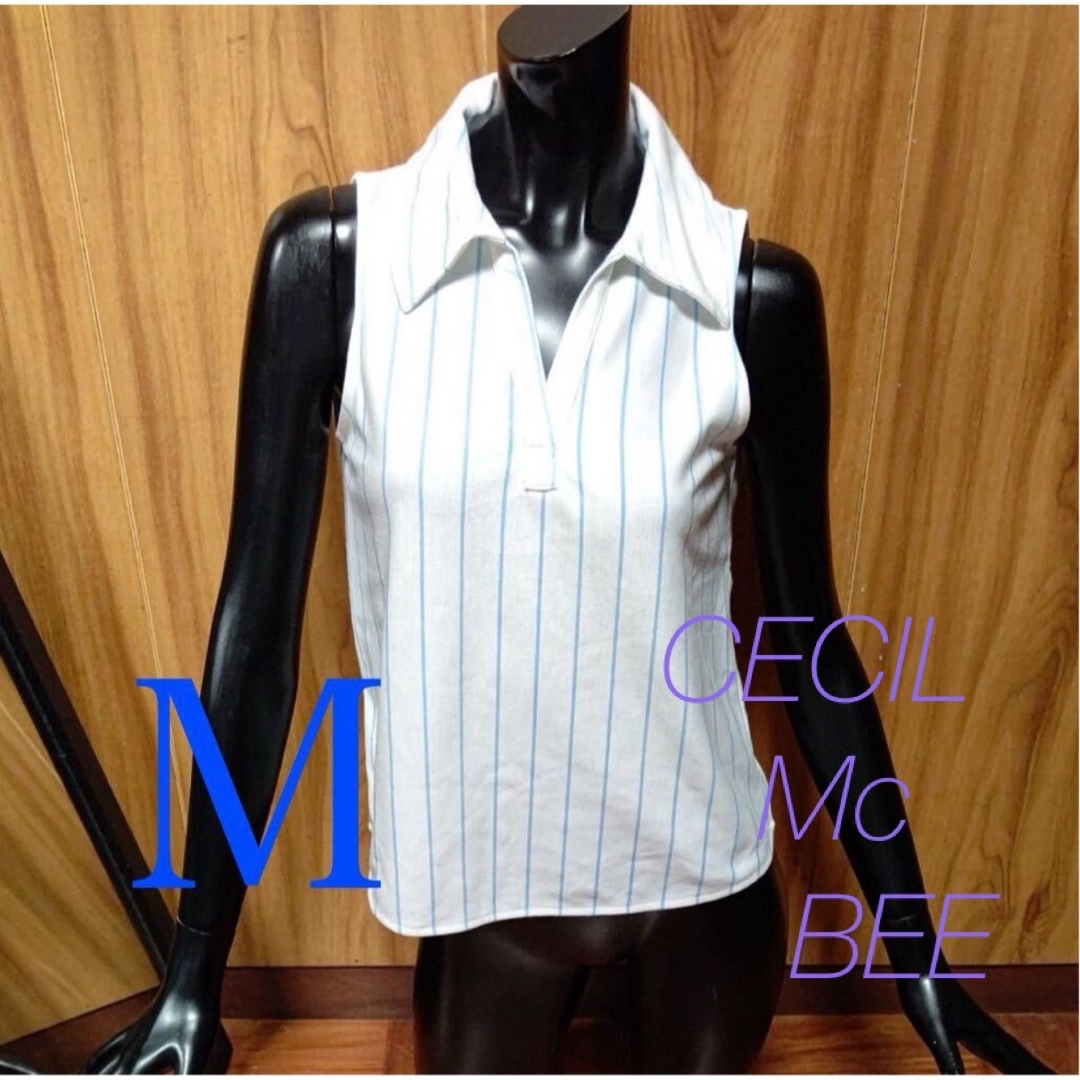 CECIL McBEE(セシルマクビー)のCECIL Mc BEE 白×青 Ｍsize ストライプ 襟 ノースリーブ 美品 レディースのトップス(カットソー(半袖/袖なし))の商品写真