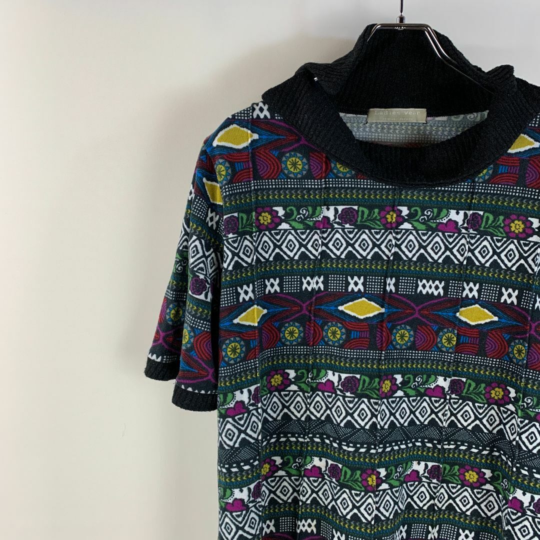 ニット セーター 総柄 花柄 半袖 デザイン 古着 レディースのトップス(ニット/セーター)の商品写真