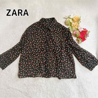 ザラ(ZARA)のザラ シースルー 花柄 総柄 ブラウス M ブラック(シャツ/ブラウス(長袖/七分))