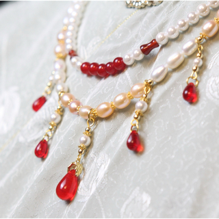 赤瑠璃血墜真珠瓔珞 白赤金色ネックレス　中華風　縁起物　結婚式　着物和服浴衣漢服(ネックレス)