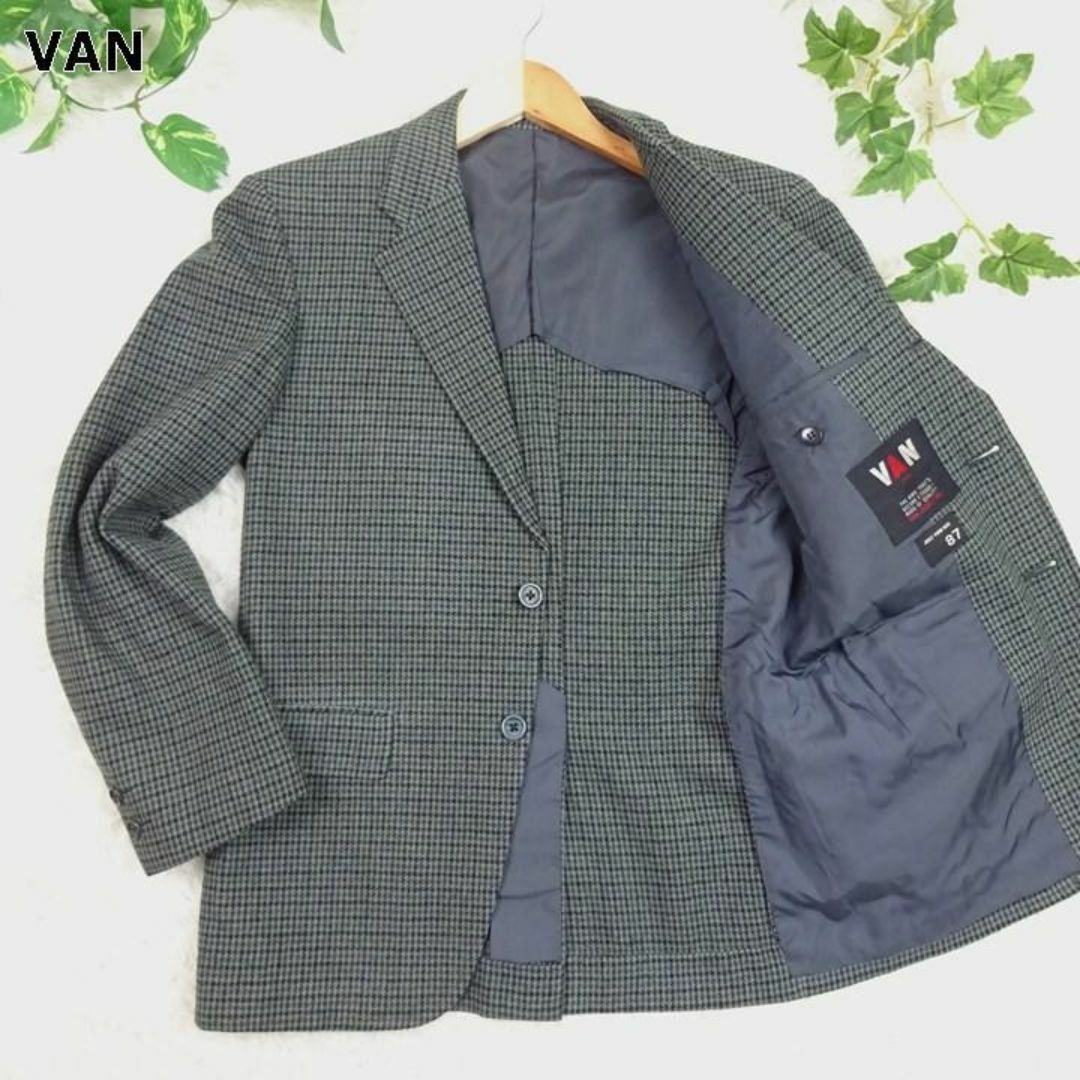 VAN Jacket(ヴァンヂャケット)のヴァンヂャケット　ウール　テーラードジャケット　段返り3ボタン S　千鳥格子　緑 メンズのジャケット/アウター(テーラードジャケット)の商品写真