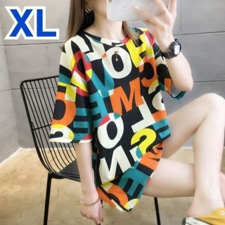 【まとめ割あり】英字 プリント Tシャツ XL ブラック 海外系 トップス 古着(Tシャツ(半袖/袖なし))