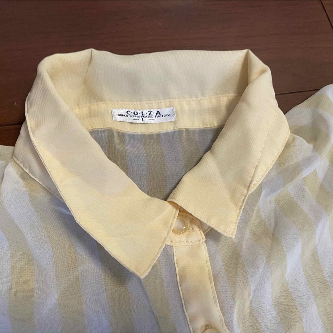 COLZA(コルザ)のシースルー ノースリーブシャツ♡イエロー ストライプ 水着やキャミの上に重ね着で レディースのトップス(シャツ/ブラウス(半袖/袖なし))の商品写真