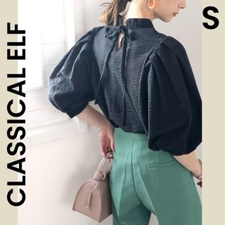 クラシカルエルフ(Classical Elf.)の【CLASSICAL ELF】美品 S ブラウス ボリューム袖 リボン 黒(シャツ/ブラウス(半袖/袖なし))