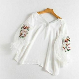 花柄　刺繍　オフショル　シフォン　ブラウス(シャツ/ブラウス(長袖/七分))