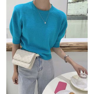 ザラ(ZARA)のミームセレクト　半袖パフスリーブニット　PUFF  COLOR  KNIT(ニット/セーター)