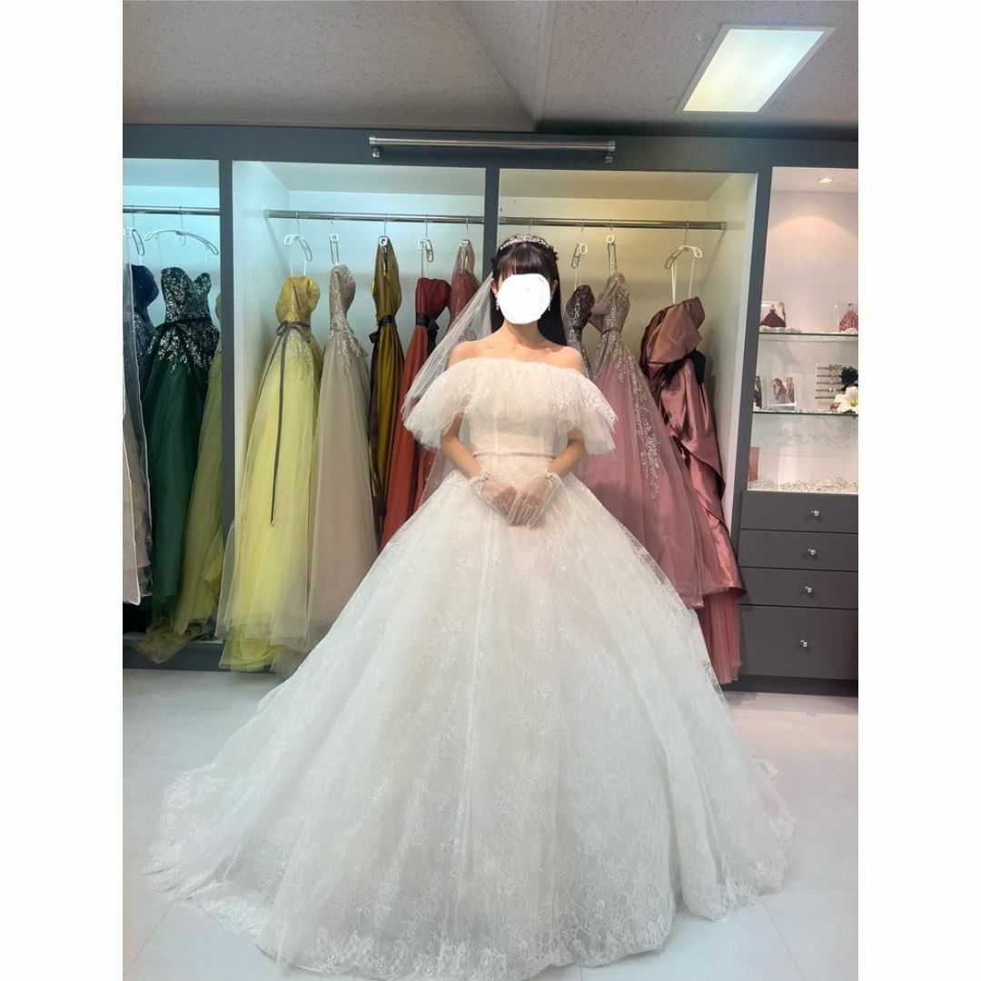 ウエディングドレス オフショルダー キラキラチュール トレーン 結婚式/披露宴