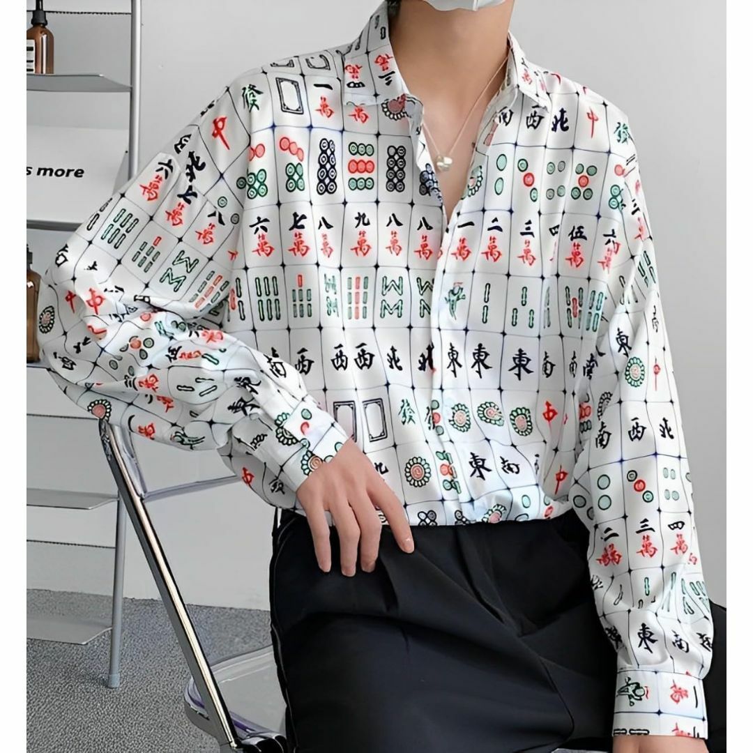 [aspersio] [アスペルシオ] 麻雀 プリント 長袖 オシャレ ボタンダ メンズのファッション小物(その他)の商品写真