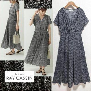 レイカズン(RayCassin)の美品 レイカズン 花柄 半袖 Vネック ロング ワンピース 黒(ロングワンピース/マキシワンピース)