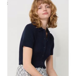 ユニクロ(UNIQLO)のユニクロ イネス リブポロカーディガン（半袖） ネイビー XLサイズ(カットソー(半袖/袖なし))