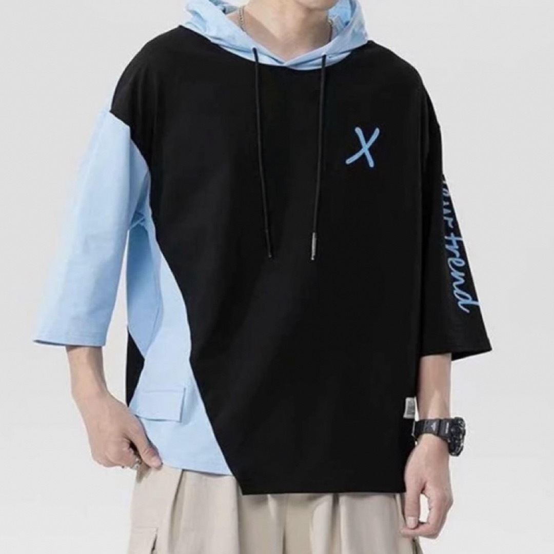 XIAKUI 七分袖 パーカー プルオーバー 薄手 黒x水色 トップス 男女兼用 メンズのトップス(パーカー)の商品写真