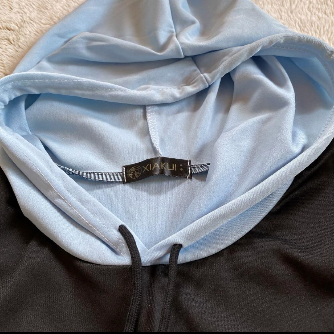 XIAKUI 七分袖 パーカー プルオーバー 薄手 黒x水色 トップス 男女兼用 メンズのトップス(パーカー)の商品写真