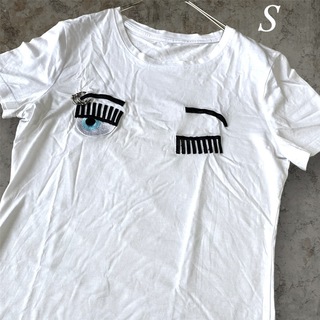 レディース フェイスデザイン 半袖 Tシャツ カットソー S 白 ポップ ラメ(Tシャツ(半袖/袖なし))