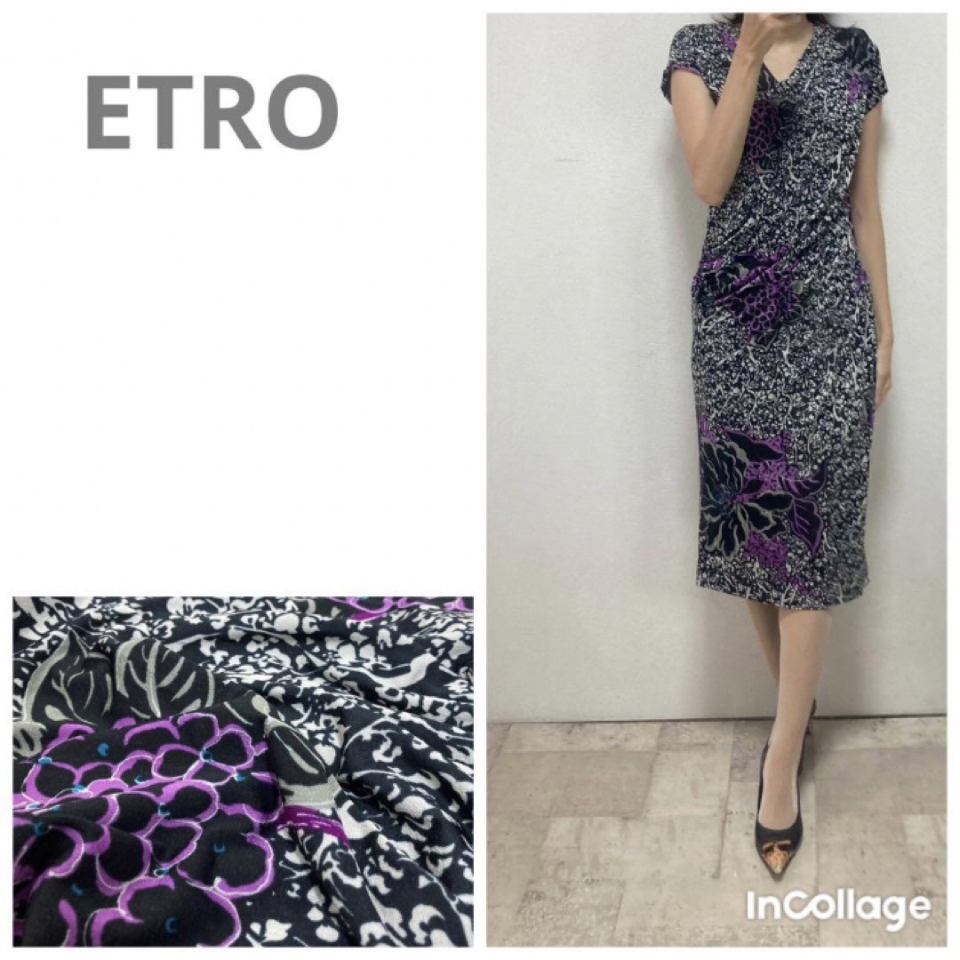 ETRO(エトロ)の美品エトロ　レーヨンジャージー総柄モノトーン花柄ワンピース44ブラック系パーティ レディースのワンピース(ロングワンピース/マキシワンピース)の商品写真